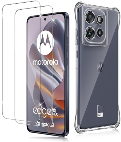 Haofun Protector de Pantalla para Motorola Moto Edge 50 Neo, 2 Piezas Cristal Templado y 1 Funda, Dureza 9H Ultra Vidrio Templado Ultra Clara, Carcasa Anti-Amarillo Fundas Antichoques Case Slim