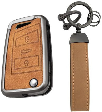 KUNIO Coque de clé de voiture compatible avec VW Golf 7 MK7 Polo T-ROC Tiguan Skoda Superb Octavia Seat Ateca Leon Ibiza Protection Alliage + Porte-clés en cuir pour clé pliante, Marron C., 3 Tasten