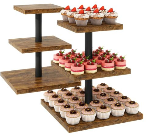 IBUYKE 3 Tier Cupcake Stand,Set of 2,Wood Durable Cupcake Tower,Square Serving Display Stand,Dessert Tree Tower for Birthday,Home Party, Wedding, Baby Shower,Rustic Brown TLJ014H-2