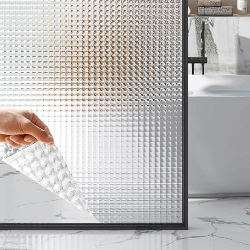 Eiauiuo 3D Fensterfolie Quadrat Gitter Dekor Folie Fenster Sichtschutz Folie Selbsthaftend Glasfolie Statisch Ohne Klebstoff Klebefolie UV-Schutz Geeignet für Hausbäder Wohnzimmer Küchen Scheibenfolie