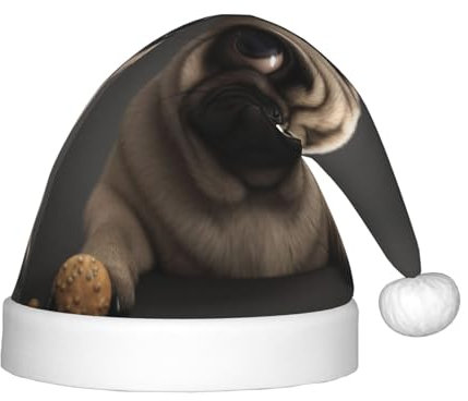 Xdcywbzdbc Niedlicher hübscher Mops-Hund, Weihnachtsmann-Mütze, Kinder-Weihnachtsmannmütze, gehobener Weihnachtsmann-Mütze, Plüsch-Weihnachtsmannmütze, Samt-Oberteil mit künstlichem Wollball,