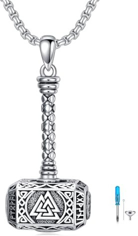 ROMANTICWORK Mjolnir Urn Necklace for Ashes 925 Sterling Silver Thors Hammer Ashes Pendant Necklace Viking Cremation Jewellery for Men
