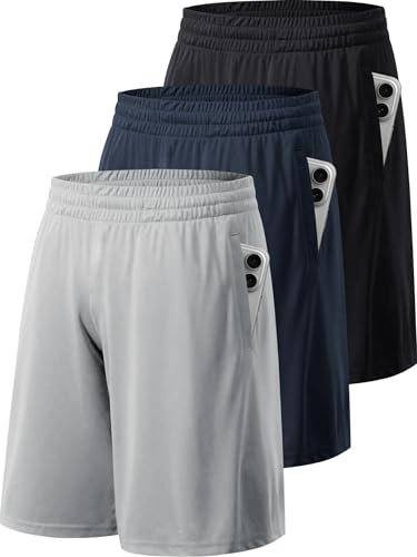 miijoory 3er Pack Sporthose Herren Kurz Hosen Sport Shorts mit Taschen Schnell Trocknend Trainingshose Laufhose für Gym Basketball Fitness(M,Schwarz, Dunkelblau, Hellgrau)