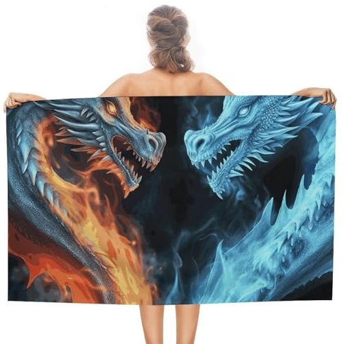 FZMTLDS Ice and Fire Dragons Badetuch, leichtes Badetuch, superweiches Handtuch, sehr saugfähig, Gesichtstücher, großes Muster, doppelseitiges Plüsch, für Fitnessstudio, Reisen, Camping, Pool