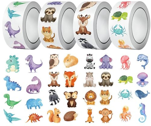 2000 Stück Tiere Sticker Rolle, Runde Cartoon Dino Sticker, 4 Themen Reward Aufkleber Tiere, Kinder Tier Aufkleber für Lehrerpreis Motivation Aufkleber Laptop