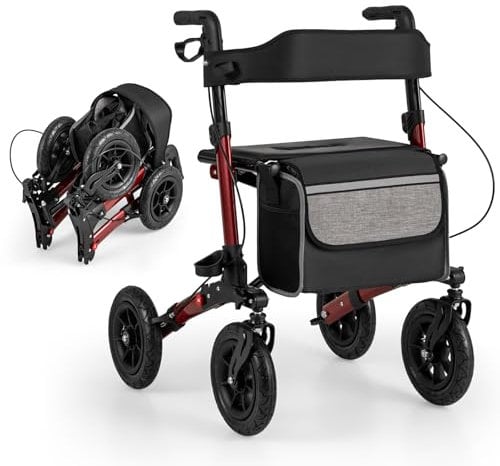 HOMASIS 2 in 1 Rollstuhl Rollator faltbar & leicht mit Sitz, Gehhilfe 7-fach höhenverstellbar, Aluminiu Gehwagen für Senioren, Reiserollator Laufhilfe mit Stockhalter, Tasche, bis zu 140 kg (Rot)