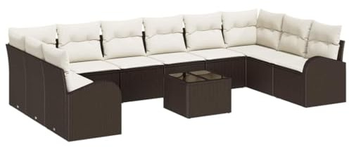 vidaXL 10-teiliges modulares Garten-Sofa-Set mit Kissen in Braun und Weiß, Poly-Rattan, Outdoor-Sitzgruppe für Balkon, Terrasse, Poolbereich oder Lounge.