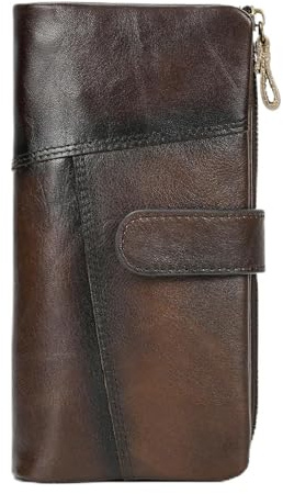 LUUFAN Portefeuille long en cuir véritable pour homme avec plusieurs emplacements pour cartes, porte-monnaie vintage, café