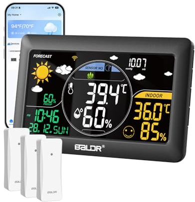 BALDR WLAN-Wetterstation mit App, 7,5-Zoll-Farbdisplay, 3 drahtlose Sensoren, kabellose Wetterstation für drinnen und draußen mit Echtzeit-Internetvorhersage