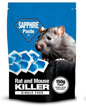 Sapphire Paste 25 Rat & Mouse Killer – Single Feed Poison Paste Bait with Brodifacoum 0.0025% – Fast-Acting Rodent Control for Indoor & Outdoor Use – 150g Resealable Pouch (1)