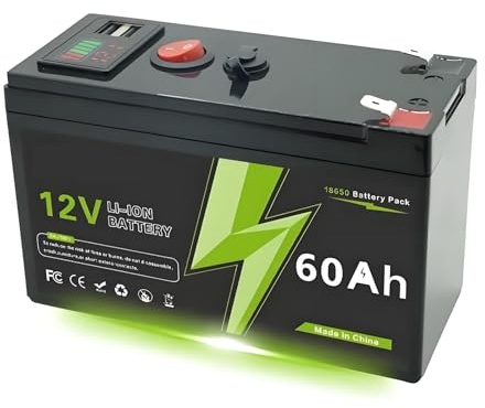 LiFePO4 12V 60Ah Rechargeable Battery For Ride-on Toys, Portable Solar Setups, Fish Finders, Small Electric Carts – Built-in BMS, 12.6V Max, 18650 Cells, 15×9.5×6.4cm