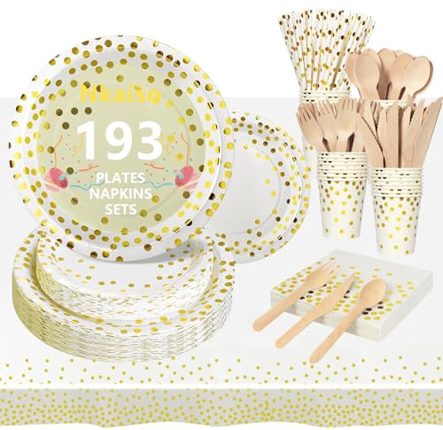Nkaiso Platos y Vasos Desechables, 193 Piezas Oro Blanco Vajilla Cumpleaños Infantil Juego para Fiestas Platos Carton Servilletas Cubiertos para Baby Shower Aniversarios -24 Invitado