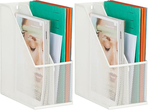 Relaxdays Stehsammler Metall, 2 Fächer, DIN A4, H x B x T: 31,5 x 14,5 x 25 cm, Stabiler Stehordner, Mesh Design, weiß (Packung mit 2)