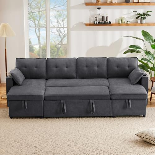 Luscriate U-förmiges Schlafsofa mit Schlaffunktion, Polstersofa aus Baumwoll- & Leinenstoff, ausklappbar zum Bett, mit Getränkehalter & Stauraum, großes Familien- und Wohnzimmersofa