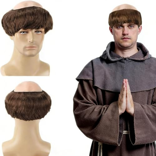 1 Pcs Funny Wig, Monk Wig Fancy Dress Costume, Brown Bowl Cut Bald Head Cap with Synthetic Hair, Silly Wigs for Men and Women, Halloween Cosplay Party