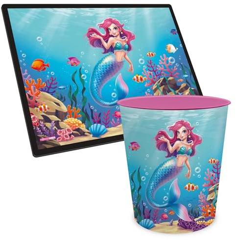 itenga Papierkorb ca. 11Liter und Schreibunterlage mit Motiv im Set - Papierkorb für Kinder und Erwachsene Büro Kinderzimmer (Motiv Meerjungfrau - AQUA DREAMS)