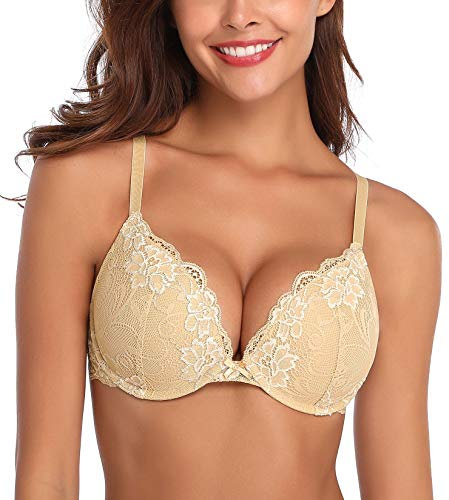 Deyllo Damen Push Up BH mit Blumen Spitze Behalen Bügel BH Gepolstert Elegant(Beige,75B)