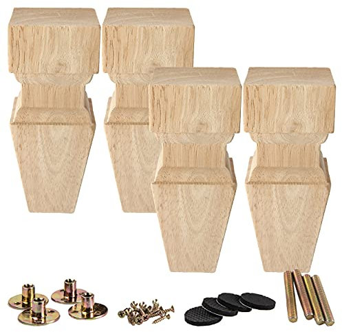 La Vane Möbelbeine aus Holz, 15 cm, 4 Stück, Massivholz, geschnitzte Geometrie, unlackiert, Ersatzfüße mit Montageplatte und Schrauben für Sofa, Schrank, Couch, Tisch, TV-Ständer