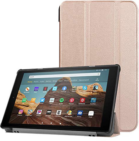 SATURCASE Case for Amazon Fire HD 10 2019 Released (9th Generation), PU Leather Flip Foldable Folio Stand Protective Tablet Cover with Auto Sleep/Wake Function (Gold)