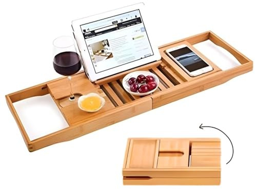 Creative Factory Luxuriöses Badewannen-Tablett, vier Abstellräume auf dem Brett, mit grauem Stoff für elektronische Tablet-Halter oder ein Buch, Seife oder Telefon, Weinglas (natürliche