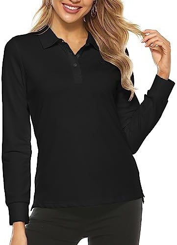 MoFiz Poloshirt Damen Langarm Baumwolle mit Kragen | Polohemd, Knopfleiste, Atmungsaktiv, Elastisch, Golf Sport Arbeits Polo, Einfarbig Langarmshirt Herbst/Winter