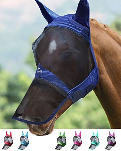 Harrison Howard CareMaster Pro Luminous Horse Fly Mask Large Eye Space Long Nose with Ears UV Protection for Horse Marine (L)