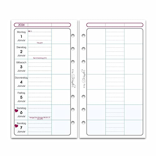 SinnWunder® Premium Kalendereinlagen 2026 - Wochen-Kalender - 1 Woche 2 Seiten - Größe Personal - Filofax-Lochung