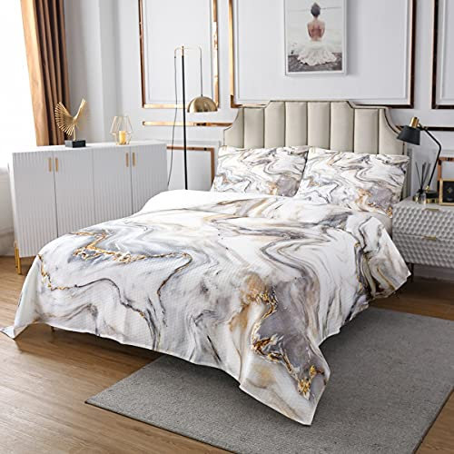 Homewish Marmor gesteppt,Bronzen Pailletten Tagesdecke Weiß Steinkorn Tagesdecke Für Kinder Jungen Teens Männer,Abstrakte Fluid Quilt Set Schlafzimmer Dekor 220x240