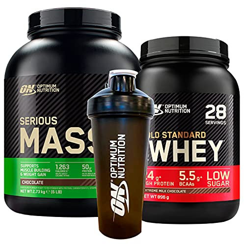 Optimum Nutrition Gold Standard 100% Whey Proteine Polvere con Aminoacidi Cioccolato al Latte 896g 28 Porzioni + Serious Mass Proteine Whey con Creatina Cioccolato 2,73Kg 8 Porzioni + SHAKER