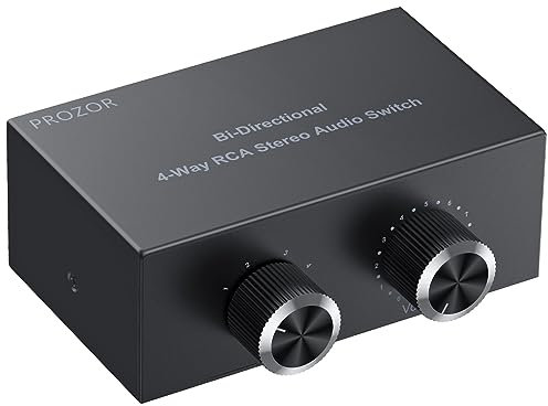 PROZOR 4 Port Mini Commutateur Audio Stéréo,4X1/1X4 RCA Audio Bi-Directionnel Switcher avec Contrôle du Volume Audio Sélecteur pour Amplificateur, DVD, Lecteur CD(Câble Audio RCA Inclus)