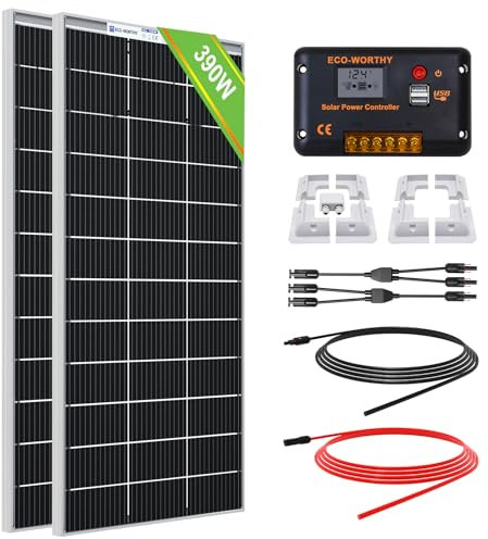 ECO-WORTHY 390W Solar Panel Kit 12V 1.56kWh/Day for Motorhome Caravan RV: 2pcs 195W Bifacial Solar Panels + 30A 12V/24V Charger Controller + RV Mounting Brackets + Extension Cables
