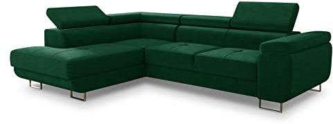 Ecksofa Caris mit Schlaffunktion und einstellbare Kopfstützen, Wohnlandschaft mit Bettkasten, Couch, Sofa, Bettsofa (Grün (Kronos 19), Ecksofa Links)