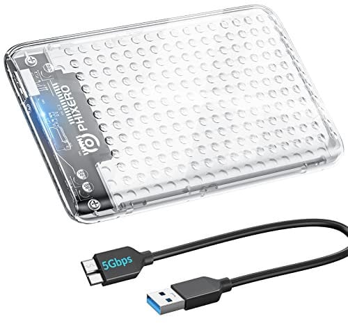 Festplattengehäuse 2,5 Zoll, PHIXERO USB 3.0 5Gbps Werkzeugloses Externe SSD Gehäuse für 2,5 Zoll SATA SSD und HDD in Höhe 9.5mm/7mm, UASP unterstützt, SATA Gehäuse mit USB 3.0 Kabel - Klar