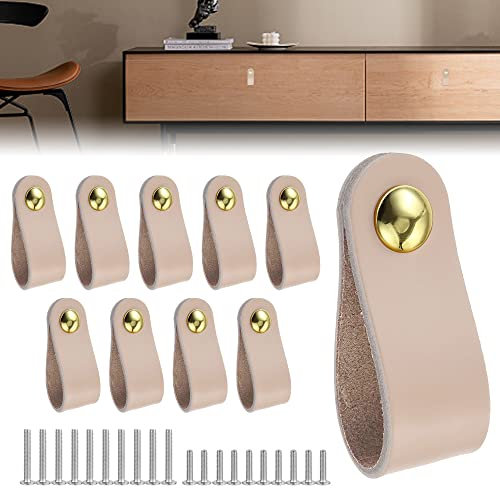 QINERSAW Poignée en Cuir pour Meuble - 10 PCS Poignée de Porte de Placard avec 20 Vis pour Cuisine et Chambre