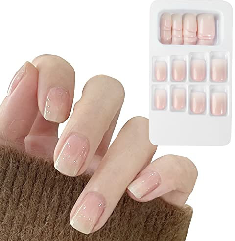 24PCS Faux Ongles Courts Rose Blanc Sticker Nail Art Couverture Complète avec Autocollant à Ongles Accessoires Bricolage Ongle Artificiels Carrés avec Colle Cadeau Femme Fille