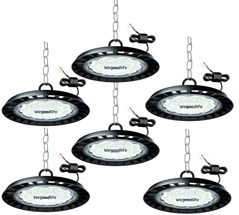 Wegoodlife 6er 150W UFO LED High Bay Light, 15000LM LED Hallenstrahler, 6500K Kaltweiß LED Werkstattlampe, IP65 Wasserdicht Industrielampe High Bay Licht für Fabriken Flughafen Patio Lagerhaus