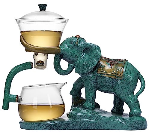 Mozeo Hitzebeständiges Kungfu-Glas-Tee-Set mit Heizung zieht Wasserableitung drehbarer Deckel Schüssel faule halbautomatische Hirschglas-Teekanne (Elefant einzeln)