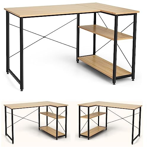 COSTWAY Escritorio Esquinero 120cm, Escritorio L con Estantes de Almacenamiento, Mesa Ordenador Reversible L, 120 x 88 x 74,5 cm (Natural)