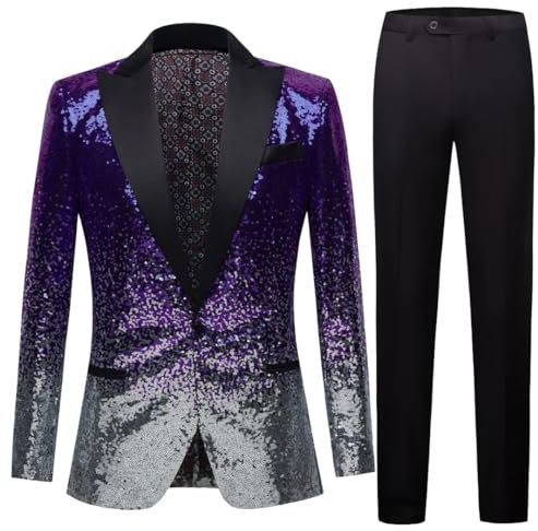 Uomini Colore Paillettes Slim Fit Shiny Blazer Partito Prom Stage Cantanti Costume Giacca, Viola, S