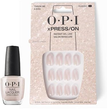 OPI xPRESS/ON Press On Nails & Cuticle Oil, 30 Pcs Reusable False Nails with up to 14 Days of Wear, Deeply Nourishing Cuticle Oil, Gel-Like Salon Manicure, Vegan, Throw Me a Kiss Nude Nail Polish