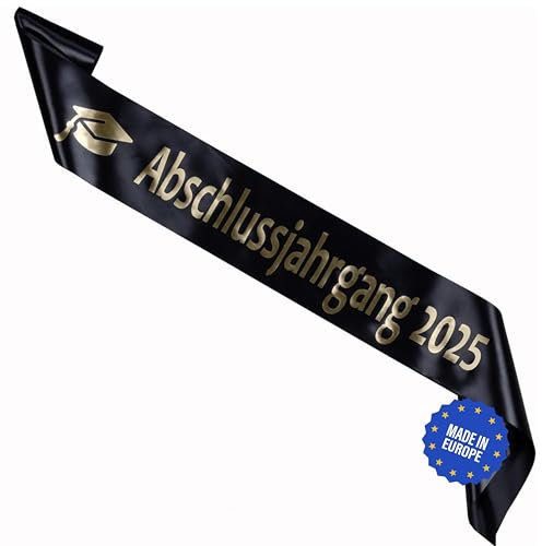 KEPI - Schärpe für Schulabschluss mit Aufschrift (Abschlussjahrgang), Jubiläumsjahr 2025, Gelegentliche Schärpe aus Satin, Universalgröße 170/10 cm, Party Deko - Schwarz mit Goldener Aufdruck