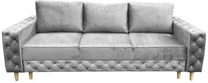 Ares Meble Komo Sofa Mit Schlaffunktion 240x98 cm - Sofa 3 Sitzer - Schlafsofa Mit Bettkasten - Samt Sofa - Eleganz Couch 3 Sitzer - Wohnzimmer Sofas - Sofa Bed - Beine aus Sonoma - Grau