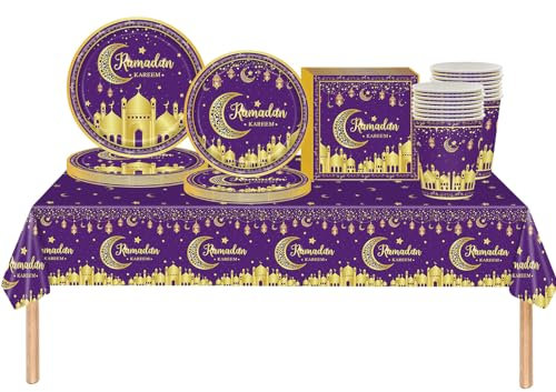 69Pcs Eid Party Tableware Plastic Ramadan Kareem Table Cloth,Paper Plates,Napkins and Cups,Purple Gold Moon Stars Dinnerware Set for Home Eid Ramadan Mubarak Islam Muslim Party Decorations