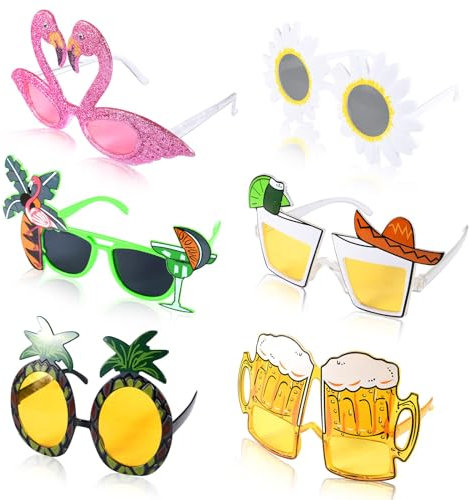 AUEJACKY 6PCS Lustiges Sonnenbrillen Set, Neuheit Partybrille, Hawaiian Tropical Party Brille Set, Luau Beach Party Kostüm Dekoration, Brillen Neuheit Party Photo Booth für Kinder Erwachsene