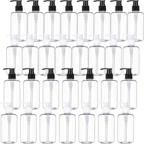TESIN 30 Pack Clear Empty Lotion Bottles, 230 ml Plastic Pump Bottles, Shampoo and Conditioner Dispenser Bottles with Pumps for Body Wash, Shampoo, Massage Lotion (8oz, Black&White)