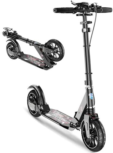 Cityroller Tretroller Erwachsene 150 Kg Tragkraft, 200Mm Big Wheel Scooter Mit Bremsen Und Stoßdämpfern, Kickboard Klappbar & Höhenverstellbar,Schwarz