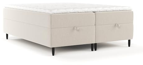 maison de reve - Boxspringbett Kanai 200 x 200 cm, mit Bettkasten, H3 Taschenmatratze (19 cm hoch), PU-Topper mit Algae Bezug, Webstoff, Beige Farbe
