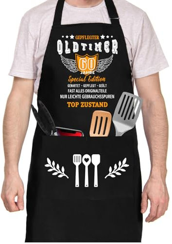 Tarklanda Grillschürze 60 Geburtstag Mann Geschenk lustig Kochschürze Baumwolle Küchenschürze Geschenkideen Grillschürze Schwarz Schürze Geschenk für Männer zum 60. Geburtstag, Grillparty