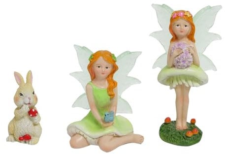 KOCNYDEY Pilz-Garten-Miniaturen Feen mit leuchtenden Flügeln – Mini-Figuren-Set mit Kaninchen für den Außenbereich, Hof, Rasen, Heimdekoration – schönes Harz-Engel-Zubehör, 3 Stück