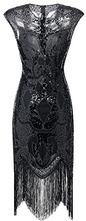 1920er Jahre Flapper-Kleid, Brüllende 20er-Jahre-Kostüme für Damen, Pailletten-Fransenkleid, Vintage-Zubehör, Halloween-Kostüm, Schwarz, 48
